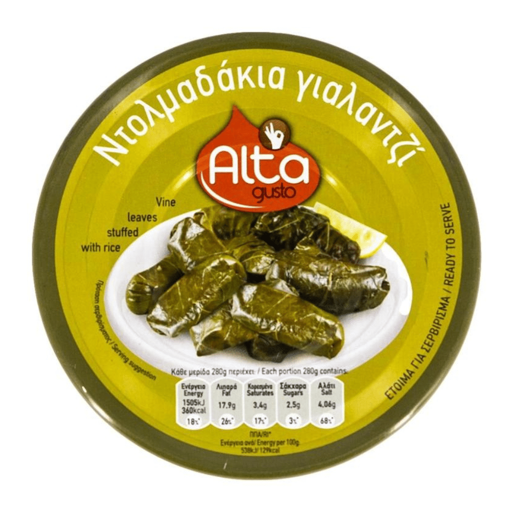 Alta Gusto Dolmadakia (Reis in Weinblätter) 280g von Alta Gusto bei Araxxon - Hochwertiges griechisches Produkt. Alta Gusto Dolmadakia (Reis in Weinblätter) 280g από Alta Gusto στο Araxxon - Αυθεντικό ελληνικό προϊόν.