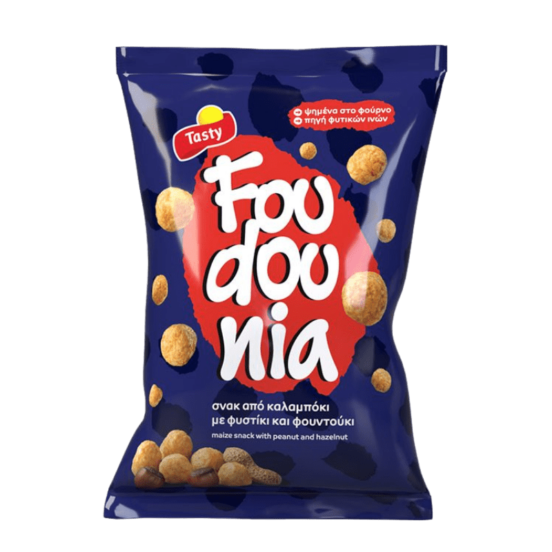 Foudounia Chips (95g) Erdnuss und Haselnussgeschmack von Tasty Foods bei Araxxon - Hochwertiges griechisches Produkt. Foudounia Chips (95g) Erdnuss und Haselnussgeschmack από Tasty Foods στο Araxxon - Αυθεντικό ελληνικό προϊόν.
