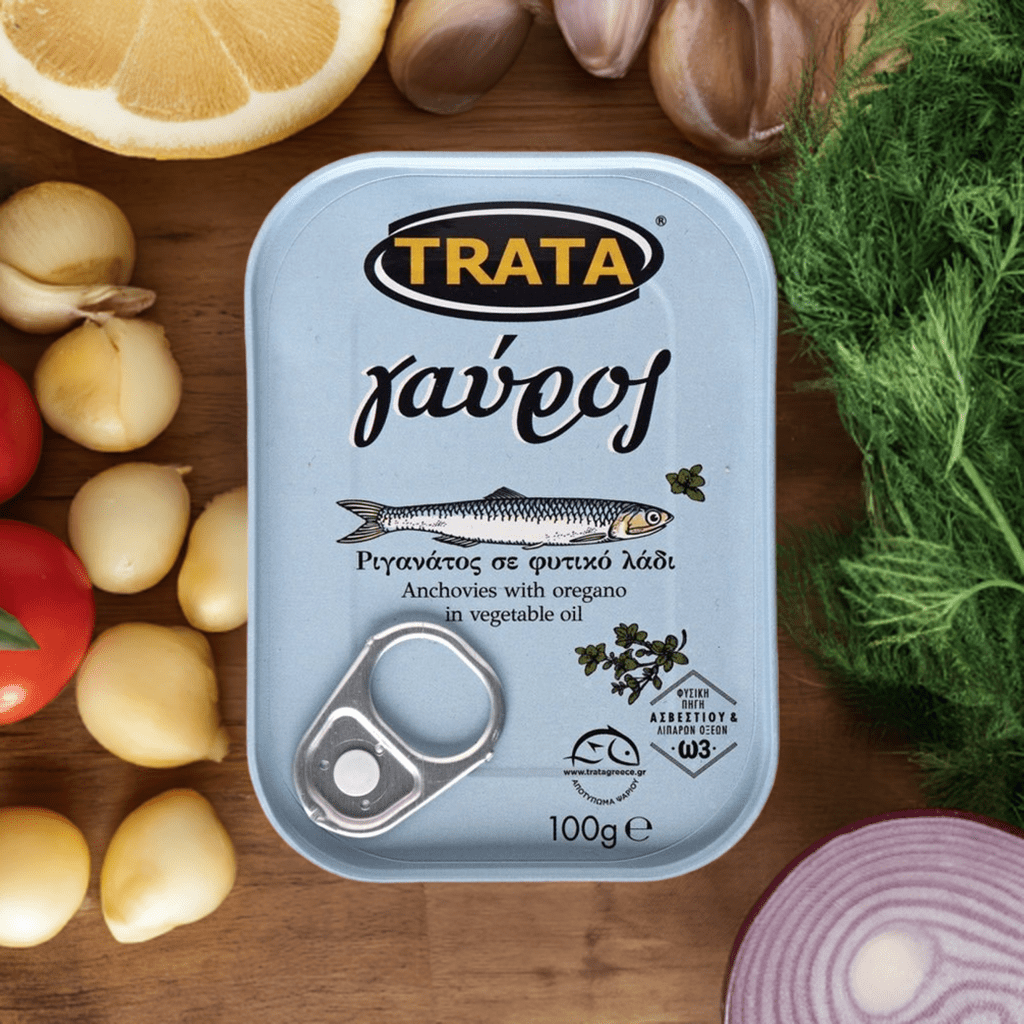 Gavros Sardellen in Öl mit Oregano (100g) Trata von Trata bei Araxxon  - Hochwertiges griechisches Produkt.   Gavros Sardellen in Öl mit Oregano (100g) Trata από Trata στο Araxxon  - Αυθεντικό ελληνικό προϊόν.