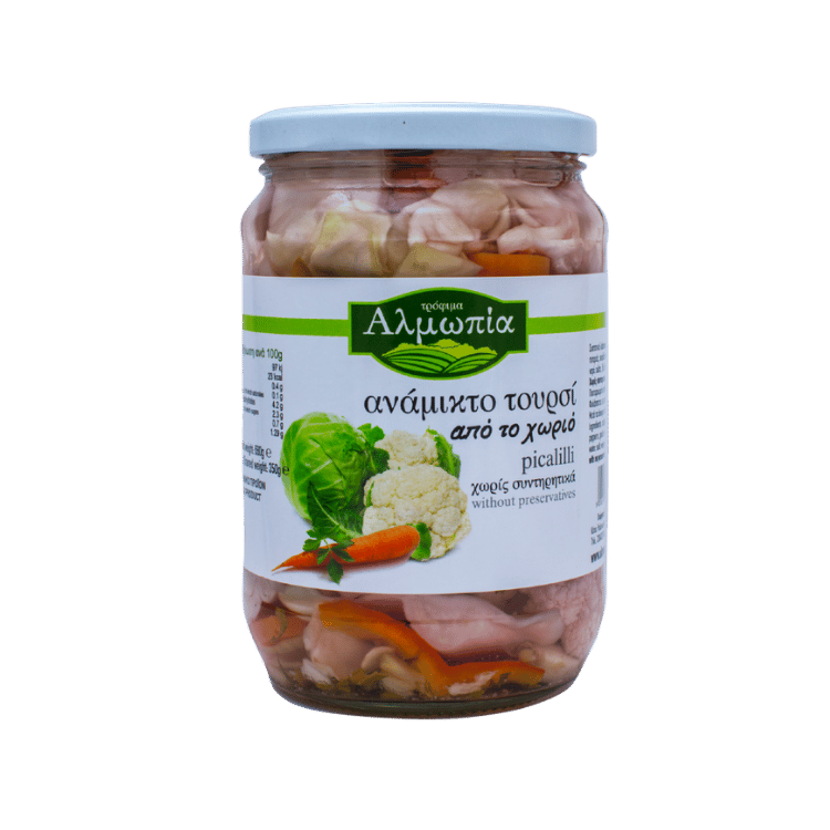 Gemischtes Eingelegtes Gemüse (680g) Almopia von Almopia bei Araxxon  - Hochwertiges griechisches Produkt.   Gemischtes Eingelegtes Gemüse (680g) Almopia από Almopia στο Araxxon  - Αυθεντικό ελληνικό προϊόν.