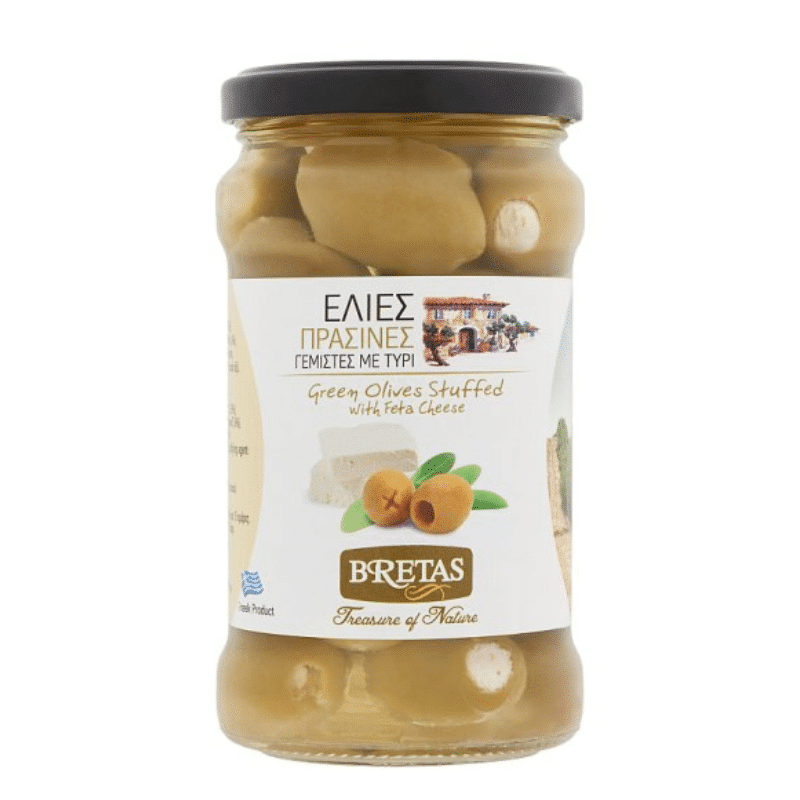 Grüne Oliven mit Feta-Käse gefüllt (290g) Bretas von Bretas bei Araxxon  - Hochwertiges griechisches Produkt.   Grüne Oliven mit Feta-Käse gefüllt (290g) Bretas από Bretas στο Araxxon  - Αυθεντικό ελληνικό προϊόν.