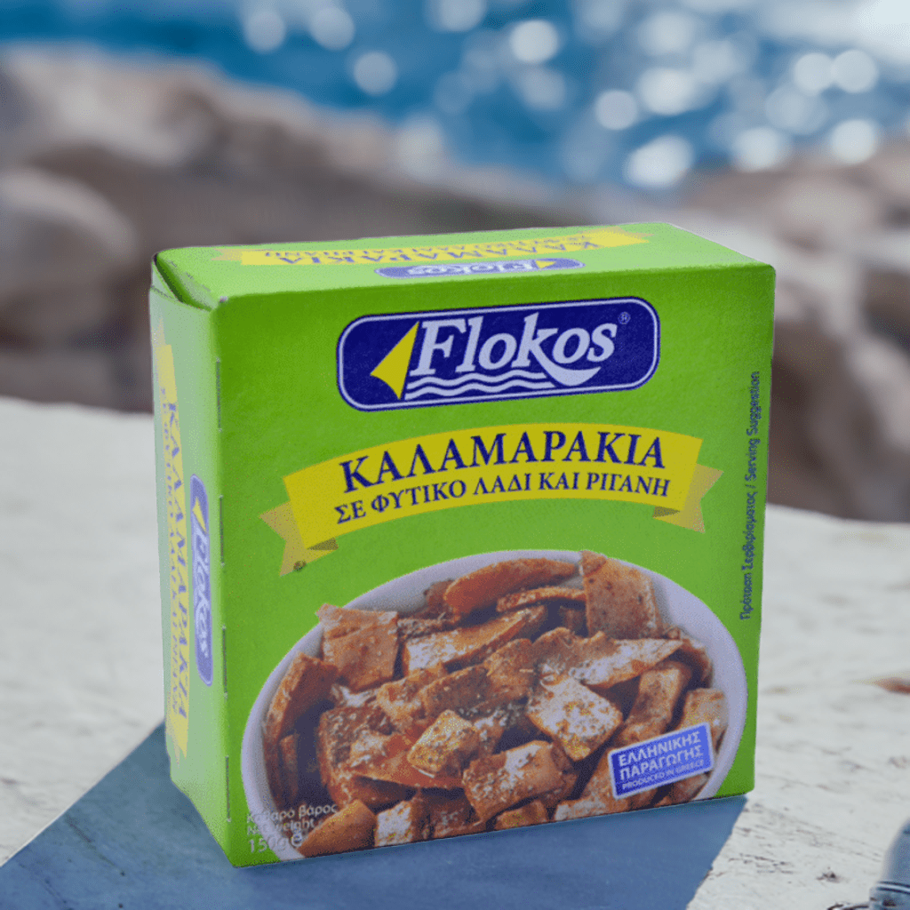 Kalamaris in Pflanzenöl mit Oregano (150g) Flokos von Flokos bei Araxxon  - Hochwertiges griechisches Produkt.   Kalamaris in Pflanzenöl mit Oregano (150g) Flokos από Flokos στο Araxxon  - Αυθεντικό ελληνικό προϊόν.
