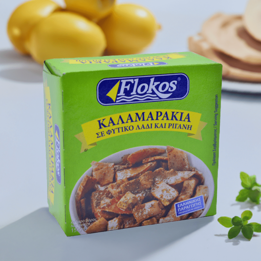 Kalamaris in Pflanzenöl mit Oregano (150g) Flokos von Flokos bei Araxxon  - Hochwertiges griechisches Produkt.   Kalamaris in Pflanzenöl mit Oregano (150g) Flokos από Flokos στο Araxxon  - Αυθεντικό ελληνικό προϊόν.