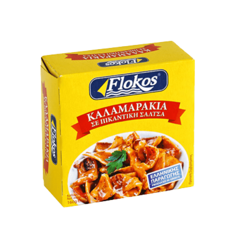 Kalamaris in pikante Soße (160g) Flokos von Flokos bei Araxxon  - Hochwertiges griechisches Produkt.   Kalamaris in pikante Soße (160g) Flokos από Flokos στο Araxxon  - Αυθεντικό ελληνικό προϊόν.