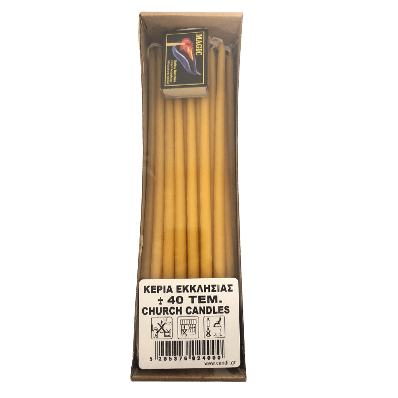Keria Ekklisias se Kasteina (Kirchenkerzen) 40 Stück von Candil bei Araxxon - Hochwertiges griechisches Produkt. Keria Ekklisias se Kasteina (Kirchenkerzen) 40 Stück από Candil στο Araxxon - Αυθεντικό ελληνικό προϊόν.