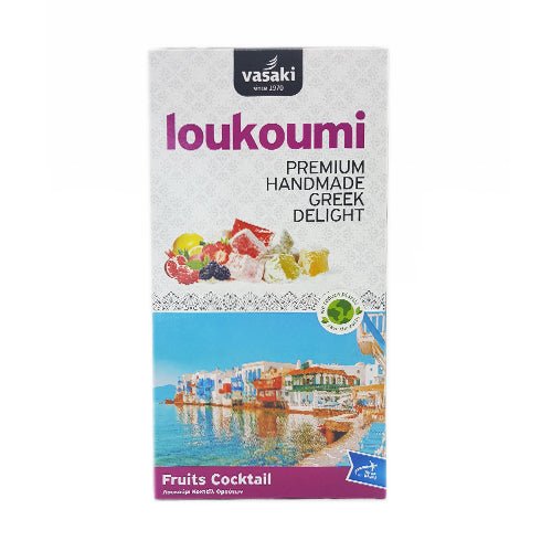 Loukoumi Fruchtcocktail (250g) Vasaki von Vasaki bei Araxxon  - Hochwertiges griechisches Produkt.   Loukoumi Fruchtcocktail (250g) Vasaki από Vasaki στο Araxxon  - Αυθεντικό ελληνικό προϊόν.