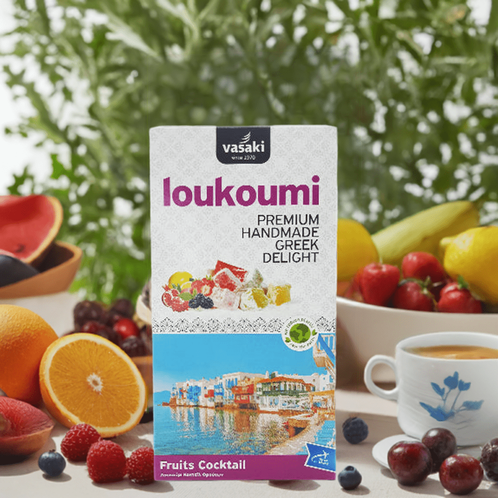 Loukoumi Fruchtcocktail (250g) Vasaki von Vasaki bei Araxxon  - Hochwertiges griechisches Produkt.   Loukoumi Fruchtcocktail (250g) Vasaki από Vasaki στο Araxxon  - Αυθεντικό ελληνικό προϊόν.