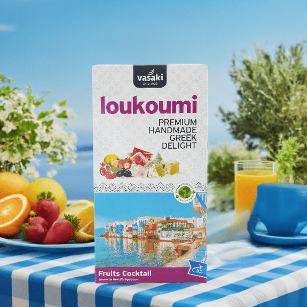 Loukoumi Fruchtcocktail (250g) Vasaki von Vasaki bei Araxxon  - Hochwertiges griechisches Produkt.   Loukoumi Fruchtcocktail (250g) Vasaki από Vasaki στο Araxxon  - Αυθεντικό ελληνικό προϊόν.