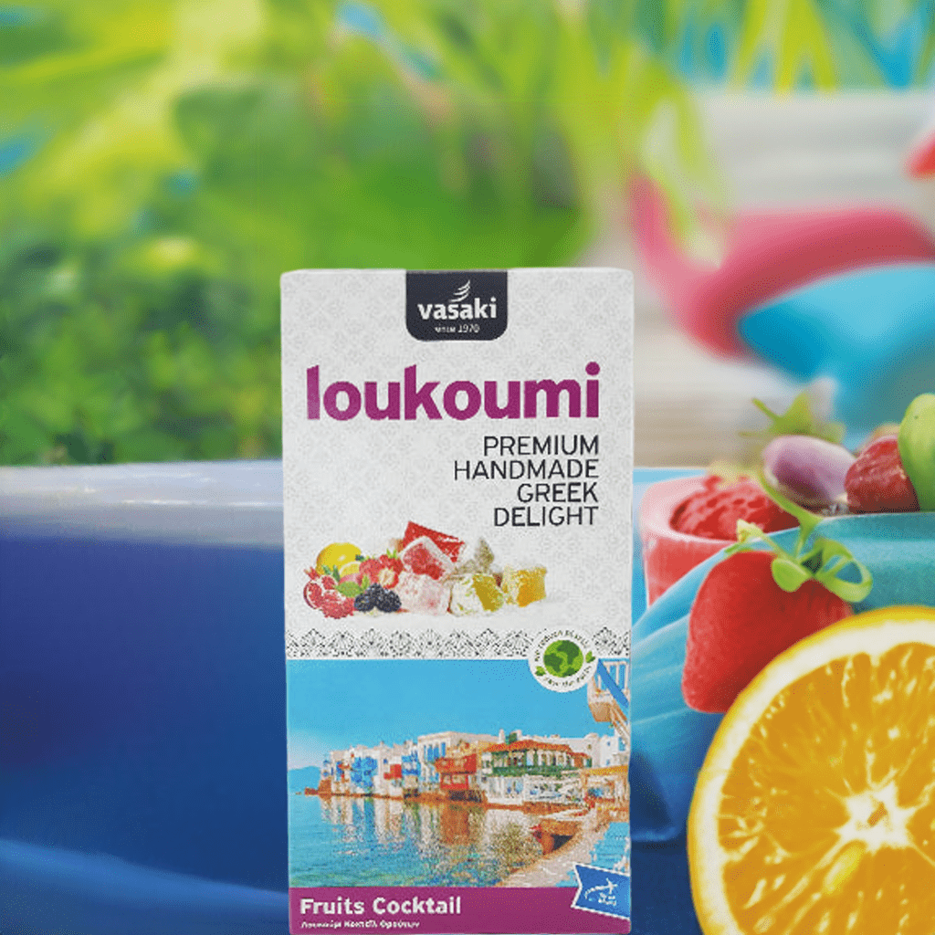 Loukoumi Fruchtcocktail (250g) Vasaki von Vasaki bei Araxxon  - Hochwertiges griechisches Produkt.   Loukoumi Fruchtcocktail (250g) Vasaki από Vasaki στο Araxxon  - Αυθεντικό ελληνικό προϊόν.