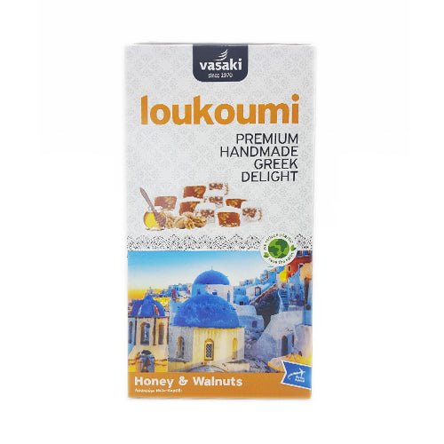 Loukoumi Honig und Walnüsse (250g) Vasaki von Vasaki bei Araxxon  - Hochwertiges griechisches Produkt.   Loukoumi Honig und Walnüsse (250g) Vasaki από Vasaki στο Araxxon  - Αυθεντικό ελληνικό προϊόν.