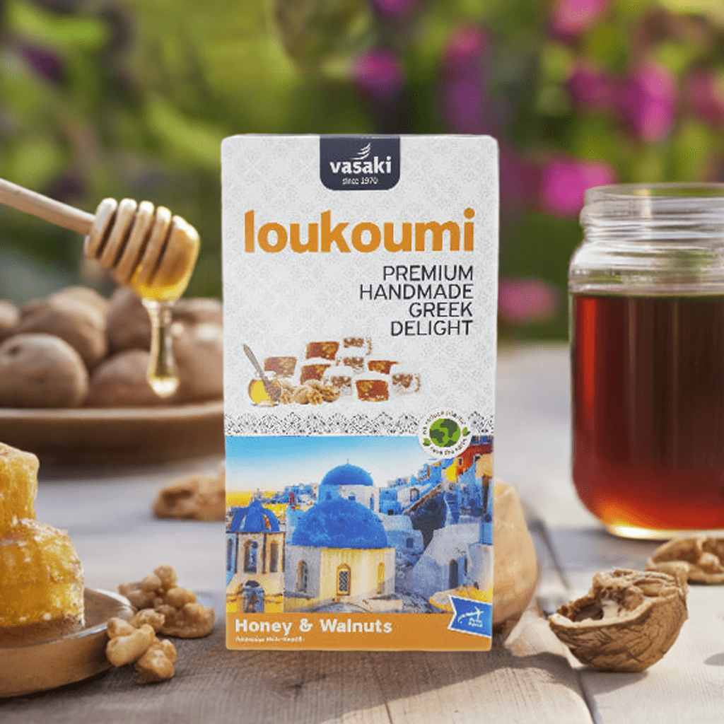 Loukoumi Honig und Walnüsse (250g) Vasaki von Vasaki bei Araxxon  - Hochwertiges griechisches Produkt.   Loukoumi Honig und Walnüsse (250g) Vasaki από Vasaki στο Araxxon  - Αυθεντικό ελληνικό προϊόν.