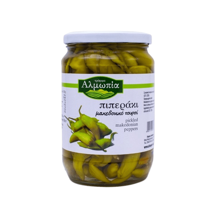 Makedonische Eingelegte Pfefferoni (670g) Almopia von Almopia bei Araxxon  - Hochwertiges griechisches Produkt.   Makedonische Eingelegte Pfefferoni (670g) Almopia από Almopia στο Araxxon  - Αυθεντικό ελληνικό προϊόν.