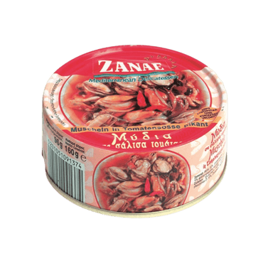 Muscheln in Tomatensoße Pikant (160g) Zanae von Zanae bei Araxxon  - Hochwertiges griechisches Produkt.   Muscheln in Tomatensoße Pikant (160g) Zanae από Zanae στο Araxxon  - Αυθεντικό ελληνικό προϊόν.