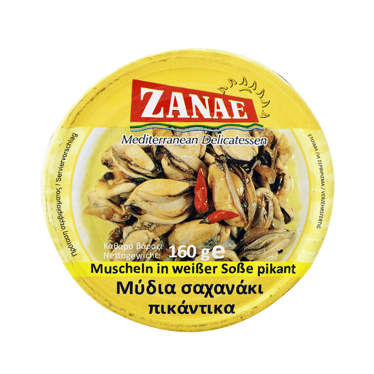 Muscheln in weißer Soße pikant (160g) Zanae von Zanae bei Araxxon  - Hochwertiges griechisches Produkt.   Muscheln in weißer Soße pikant (160g) Zanae από Zanae στο Araxxon  - Αυθεντικό ελληνικό προϊόν.
