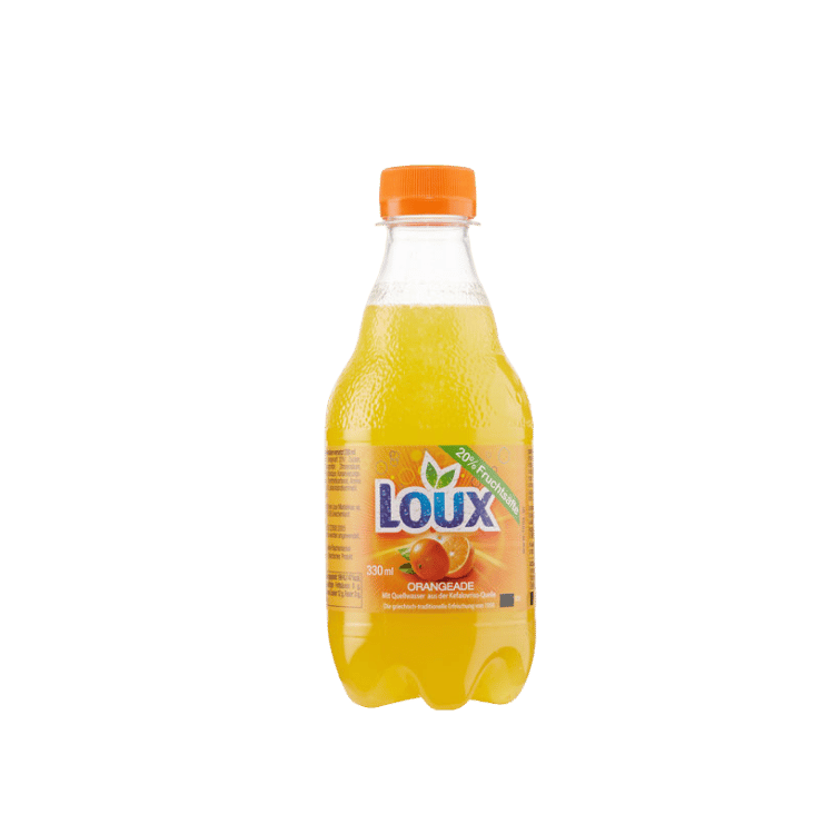 Orange Fruchtsaftgetränk Portokalada (330ml) Loux von Loux bei Araxxon  - Hochwertiges griechisches Produkt.   Orange Fruchtsaftgetränk Portokalada (330ml) Loux από Loux στο Araxxon  - Αυθεντικό ελληνικό προϊόν.