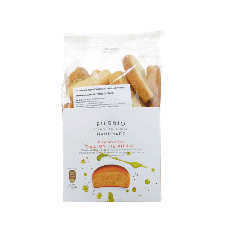 Paximadi (Zwieback) mit Olivenöl & Oregano (350g) Filenio von Niktaris bei Araxxon - Hochwertiges griechisches Produkt. Paximadi (Zwieback) mit Olivenöl & Oregano (350g) Filenio από Niktaris στο Araxxon - Αυθεντικό ελληνικό προϊόν.