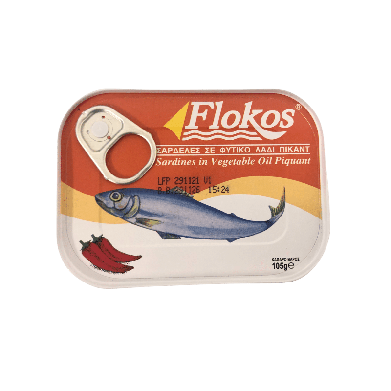 Sardinen in Pflanzenöl Pikant (105g) Flokos von Flokos bei Araxxon  - Hochwertiges griechisches Produkt.   Sardinen in Pflanzenöl Pikant (105g) Flokos από Flokos στο Araxxon  - Αυθεντικό ελληνικό προϊόν.