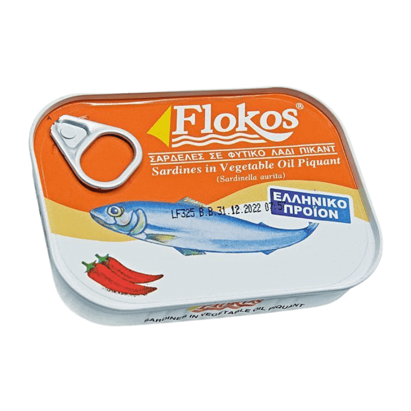 Sardinen pikant in Pflanzenöl (100g) Flokos von Flokos bei Araxxon  - Hochwertiges griechisches Produkt.   Sardinen pikant in Pflanzenöl (100g) Flokos από Flokos στο Araxxon  - Αυθεντικό ελληνικό προϊόν.