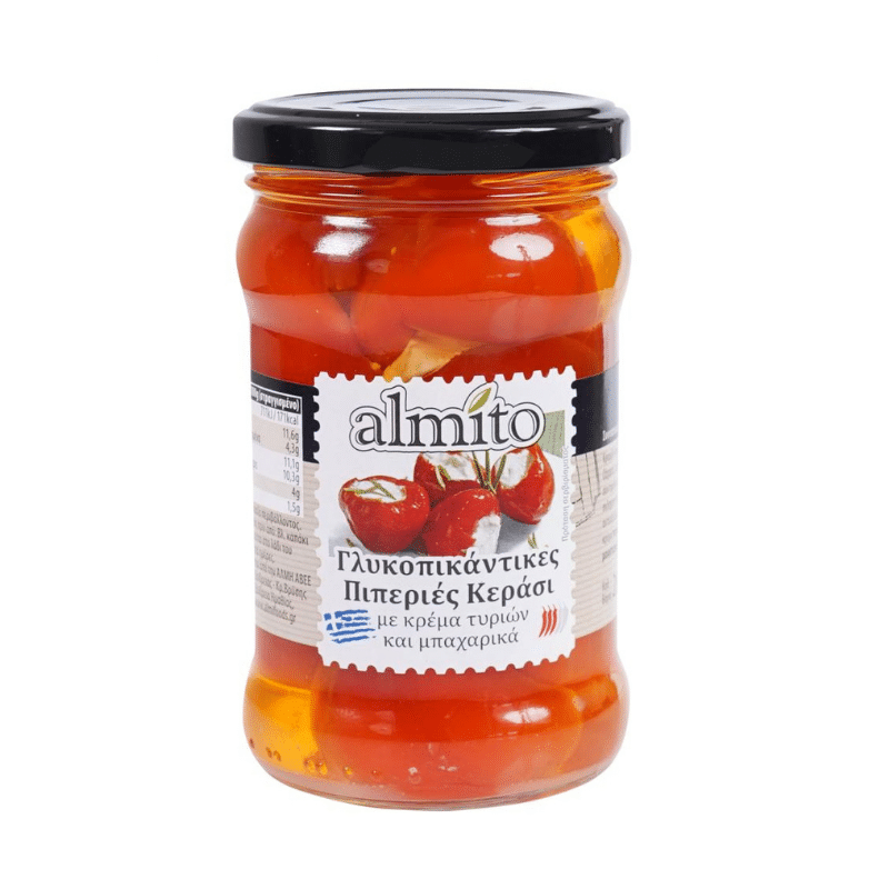 Süße und würzige Kirschpaprikaschoten mit Frischkäse (280g) Almito von Almito bei Araxxon  - Hochwertiges griechisches Produkt.   Süße und würzige Kirschpaprikaschoten mit Frischkäse (280g) Almito από Almito στο Araxxon  - Αυθεντικό ελληνικό προϊόν.