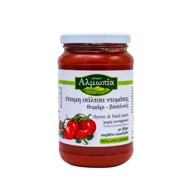 Tomatensauce mit Thymian & Basilikum (360g) Almopia von Almopia bei Araxxon  - Hochwertiges griechisches Produkt.   Tomatensauce mit Thymian & Basilikum (360g) Almopia από Almopia στο Araxxon  - Αυθεντικό ελληνικό προϊόν.
