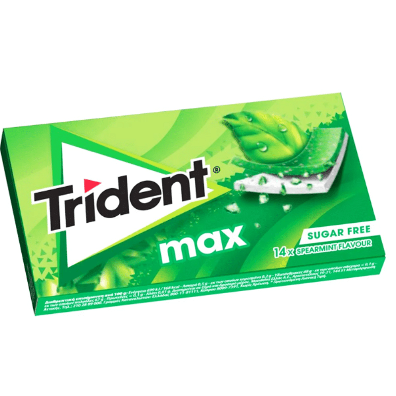 Trident Max Spearmint Kaugummi Zuckerfrei (27g) von Trident bei Araxxon - Hochwertiges griechisches Produkt. Trident Max Spearmint Kaugummi Zuckerfrei (27g) από Trident στο Araxxon - Αυθεντικό ελληνικό προϊόν.