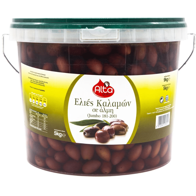 Alta Gusto Kalamata Oliven Jumbo (181 - 200) (9Kg) Abtropfgewicht: 5Kg von Alta Gusto bei Araxxon  - Hochwertiges griechisches Produkt.   Alta Gusto Kalamata Oliven Jumbo (181 - 200) (9Kg) Abtropfgewicht: 5Kg από Alta Gusto στο Araxxon  - Αυθεντικό ελληνικό προϊόν.  