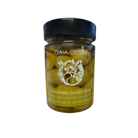 Chalkidiki Oliven grün entkernt (200g) Gaia von Gaia bei Araxxon  - Hochwertiges griechisches Produkt.   Chalkidiki Oliven grün entkernt (200g) Gaia από Gaia στο Araxxon  - Αυθεντικό ελληνικό προϊόν.  