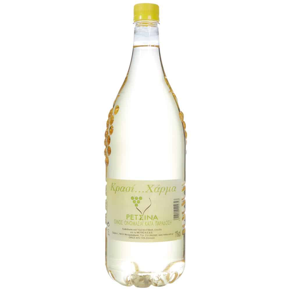Chárma Retsina Weißwein (1,5l) PET Flasche von Chárma bei Araxxon  - Hochwertiges griechisches Produkt.   Chárma Retsina Weißwein (1,5l) PET Flasche από Chárma στο Araxxon  - Αυθεντικό ελληνικό προϊόν.  