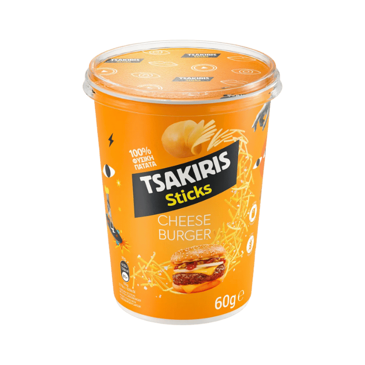 Cheeseburger Sticks im Cup (60g) Tsakiris von Araxxon  bei Araxxon  - Hochwertiges griechisches Produkt.   Cheeseburger Sticks im Cup (60g) Tsakiris από Araxxon  στο Araxxon  - Αυθεντικό ελληνικό προϊόν.  