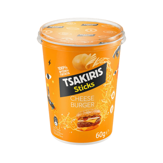 Cheeseburger Sticks im Cup (60g) Tsakiris von Araxxon  bei Araxxon  - Hochwertiges griechisches Produkt.   Cheeseburger Sticks im Cup (60g) Tsakiris από Araxxon  στο Araxxon  - Αυθεντικό ελληνικό προϊόν.  