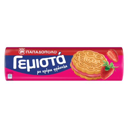 Doppelkekse Erdbeere (200g) Papadopoulou von Papadopoulos bei Araxxon  - Hochwertiges griechisches Produkt.   Doppelkekse Erdbeere (200g) Papadopoulou από Papadopoulos στο Araxxon  - Αυθεντικό ελληνικό προϊόν.  