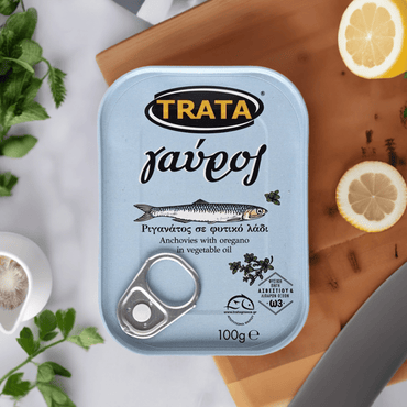Gavros Sardellen in Öl mit Oregano (100g) Trata von Trata bei Araxxon  - Hochwertiges griechisches Produkt.   Gavros Sardellen in Öl mit Oregano (100g) Trata από Trata στο Araxxon  - Αυθεντικό ελληνικό προϊόν.  