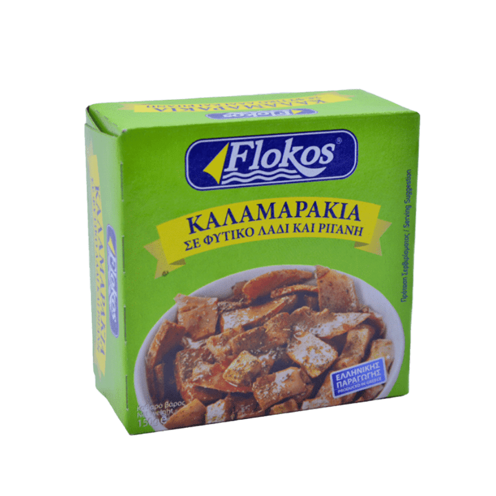 Kalamaris in Pflanzenöl mit Oregano (150g) Flokos von Flokos bei Araxxon  - Hochwertiges griechisches Produkt.   Kalamaris in Pflanzenöl mit Oregano (150g) Flokos από Flokos στο Araxxon  - Αυθεντικό ελληνικό προϊόν.  