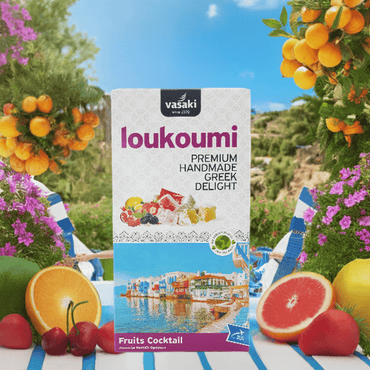 Loukoumi Fruchtcocktail (250g) Vasaki von Vasaki bei Araxxon  - Hochwertiges griechisches Produkt.   Loukoumi Fruchtcocktail (250g) Vasaki από Vasaki στο Araxxon  - Αυθεντικό ελληνικό προϊόν.  