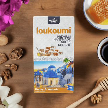 Loukoumi Honig und Walnüsse (250g) Vasaki von Vasaki bei Araxxon  - Hochwertiges griechisches Produkt.   Loukoumi Honig und Walnüsse (250g) Vasaki από Vasaki στο Araxxon  - Αυθεντικό ελληνικό προϊόν.  
