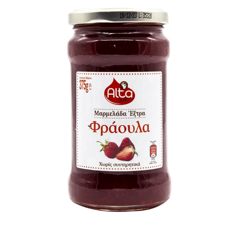 Marmelade Extra Erdbeere (375g) Alta Gusto von Alta Gusto bei Araxxon  - Hochwertiges griechisches Produkt.   Marmelade Extra Erdbeere (375g) Alta Gusto από Alta Gusto στο Araxxon  - Αυθεντικό ελληνικό προϊόν.  