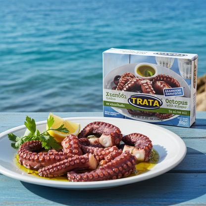 Oktopus in Olivenöl (100g) Trata von Trata bei Araxxon  - Hochwertiges griechisches Produkt.   Oktopus in Olivenöl (100g) Trata από Trata στο Araxxon  - Αυθεντικό ελληνικό προϊόν.  