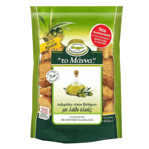 Paximadi Zwieback mit Olivenöl (400g) To Manna von To Manna bei Araxxon  - Hochwertiges griechisches Produkt.   Paximadi Zwieback mit Olivenöl (400g) To Manna από To Manna στο Araxxon  - Αυθεντικό ελληνικό προϊόν.  