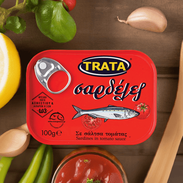 Sardinen in Tomatensoße (100g) Trata von Trata bei Araxxon  - Hochwertiges griechisches Produkt.   Sardinen in Tomatensoße (100g) Trata από Trata στο Araxxon  - Αυθεντικό ελληνικό προϊόν.  