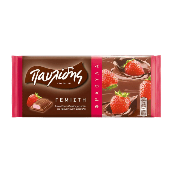 Schokolade mit Erdbeercreme (100g) Pavlidis von Pavlidis bei Araxxon  - Hochwertiges griechisches Produkt.   Schokolade mit Erdbeercreme (100g) Pavlidis από Pavlidis στο Araxxon  - Αυθεντικό ελληνικό προϊόν.  
